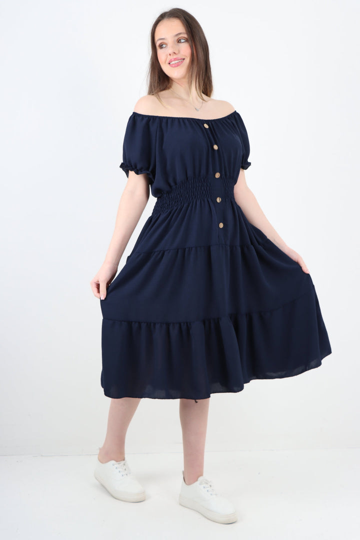 Italian Off The Shoulder Elasticated Waist Tiered Midi Dress