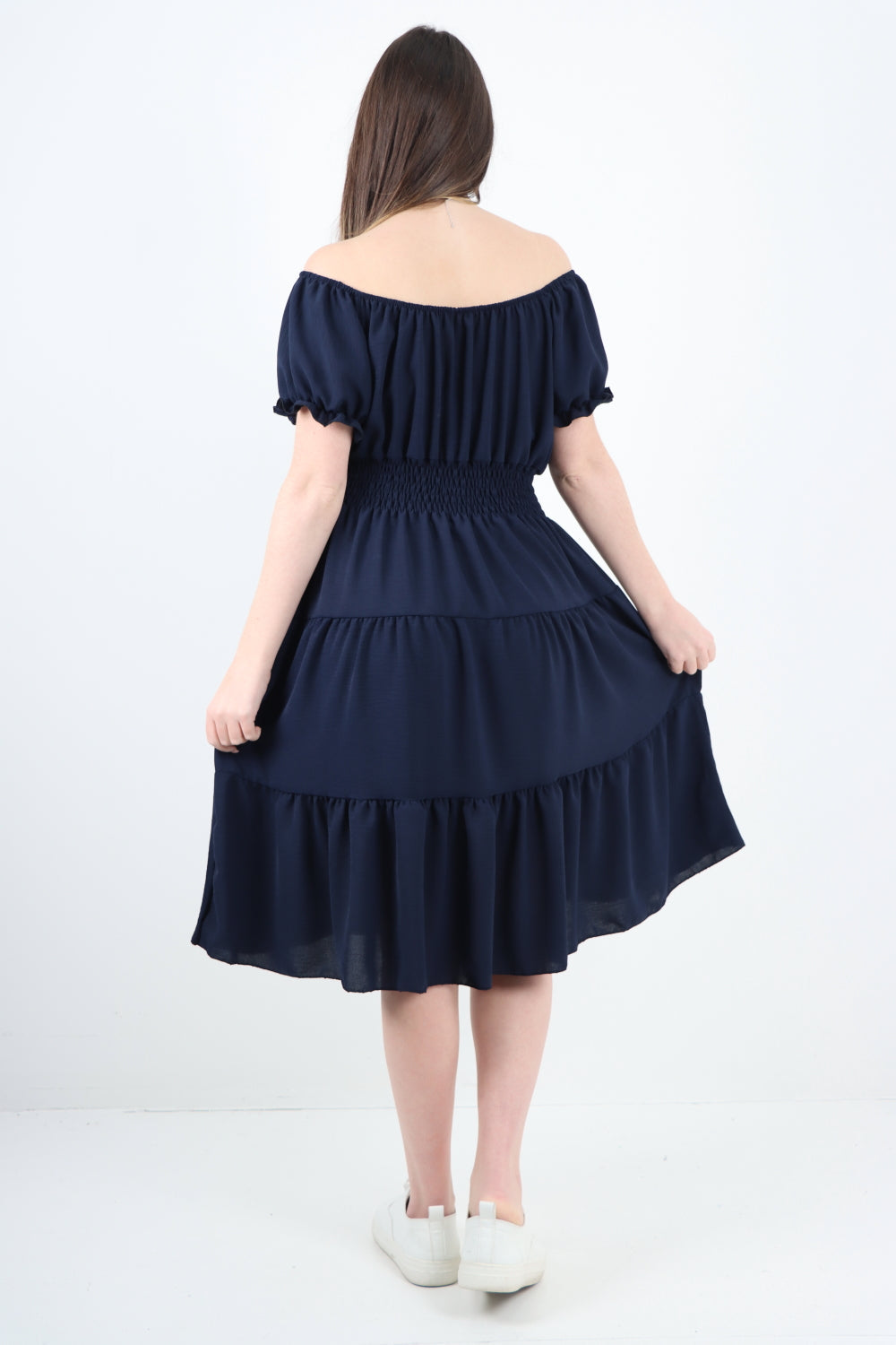 Italian Off The Shoulder Elasticated Waist Tiered Midi Dress