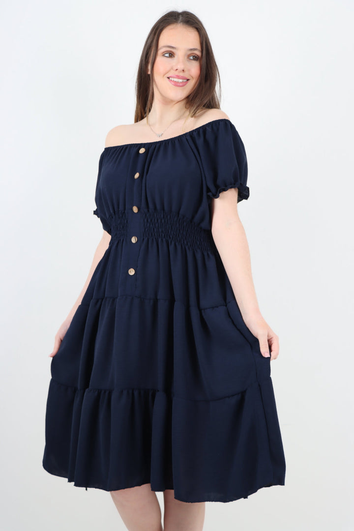 Italian Off The Shoulder Elasticated Waist Tiered Midi Dress