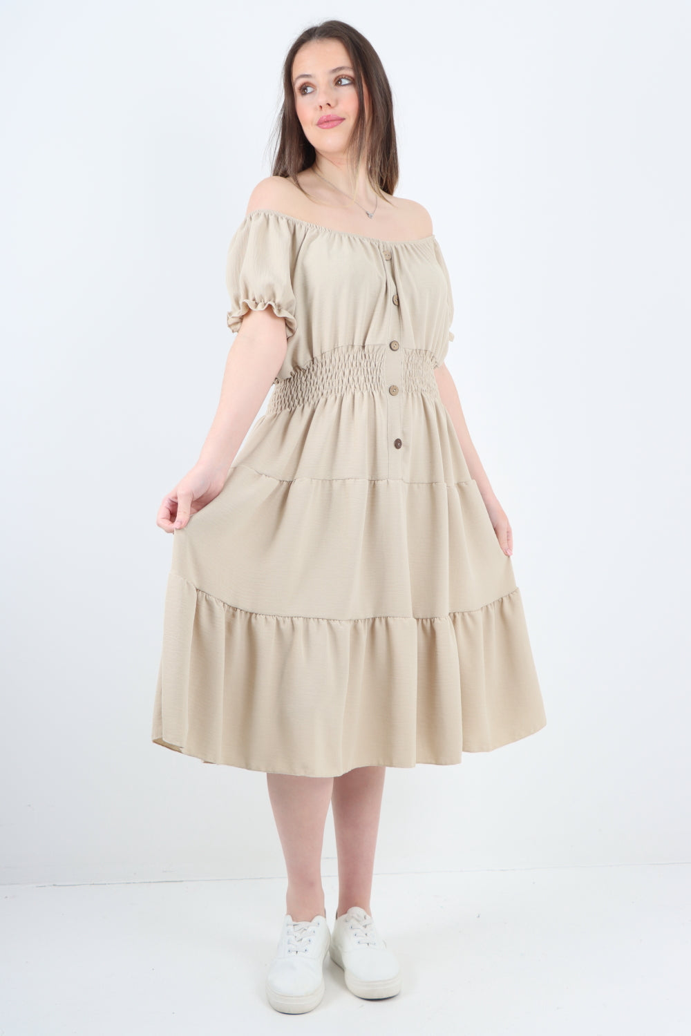 Italian Off The Shoulder Elasticated Waist Tiered Midi Dress