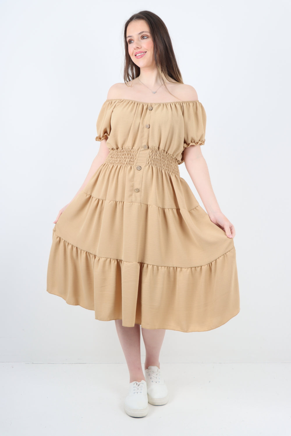 Italian Off The Shoulder Elasticated Waist Tiered Midi Dress