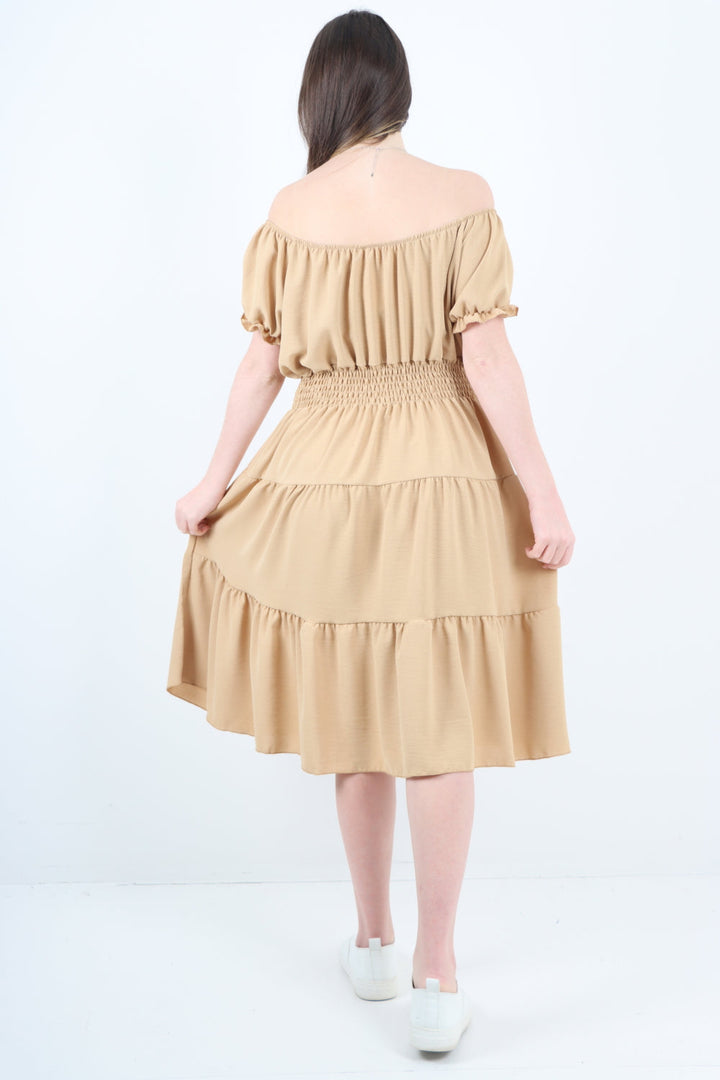 Italian Off The Shoulder Elasticated Waist Tiered Midi Dress