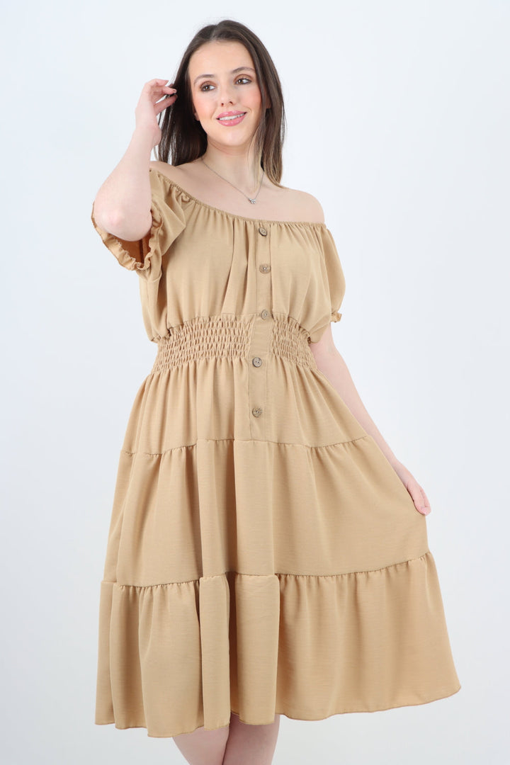 Italian Off The Shoulder Elasticated Waist Tiered Midi Dress