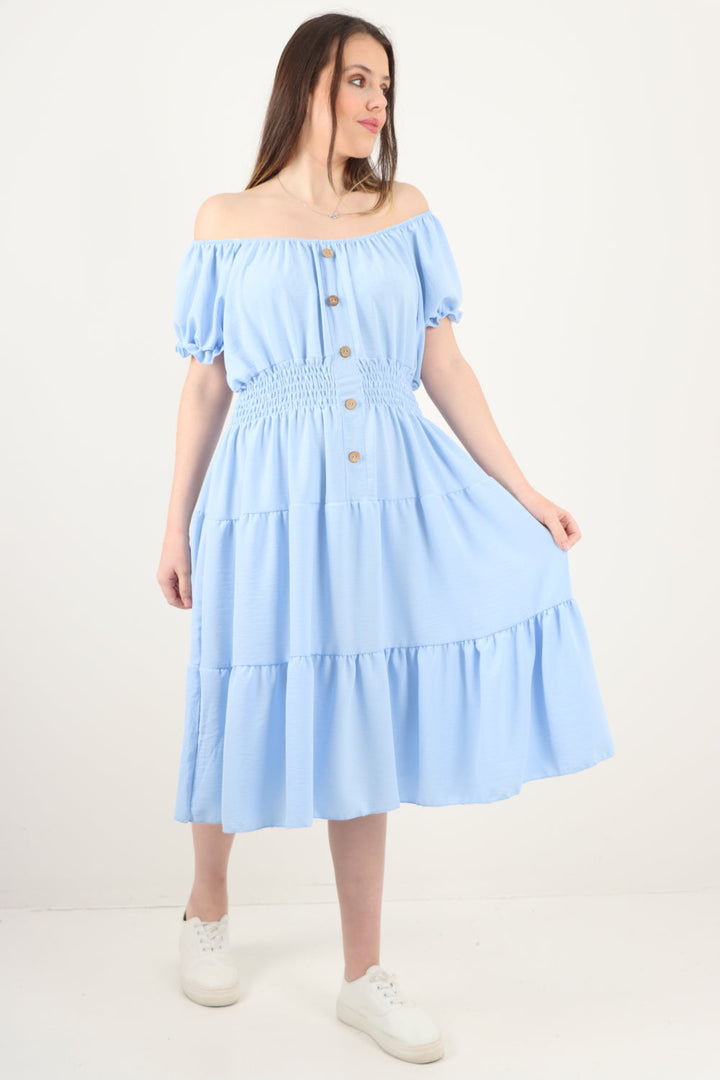 Italian Off The Shoulder Elasticated Waist Tiered Midi Dress