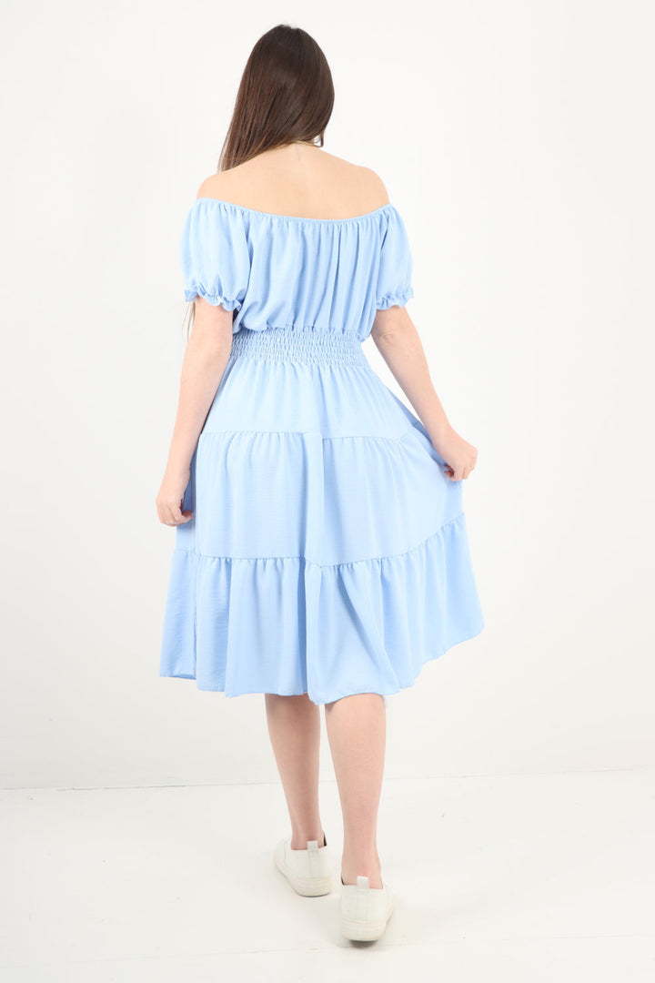 Italian Off The Shoulder Elasticated Waist Tiered Midi Dress