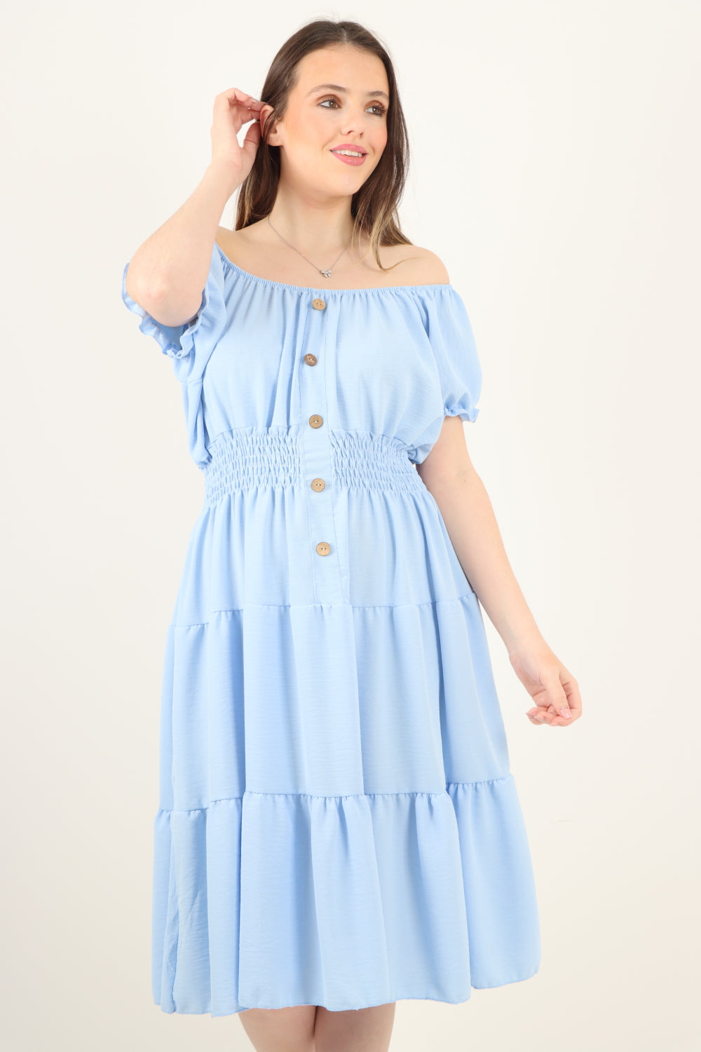 Italian Off The Shoulder Elasticated Waist Tiered Midi Dress