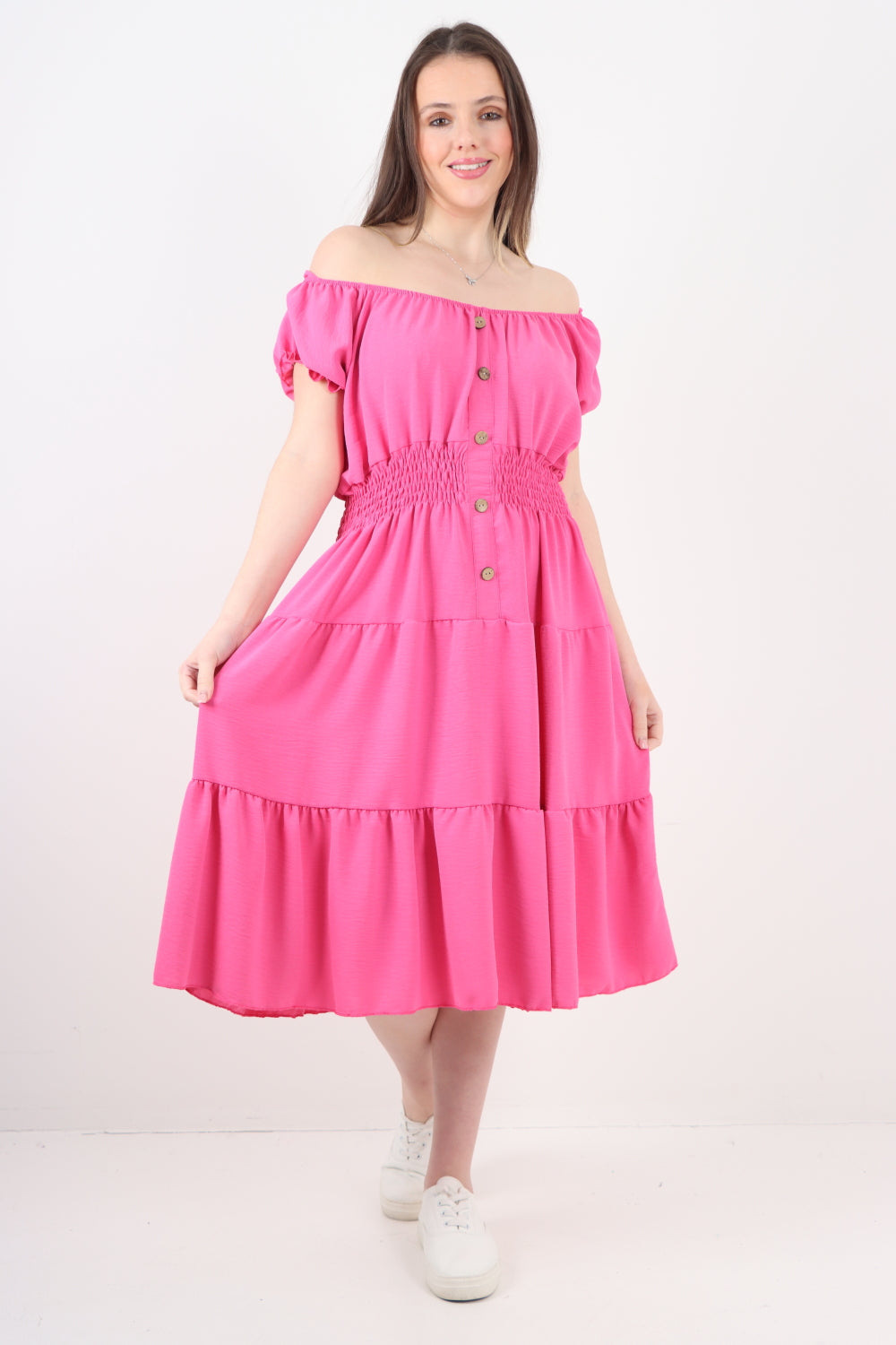 Italian Off The Shoulder Elasticated Waist Tiered Midi Dress