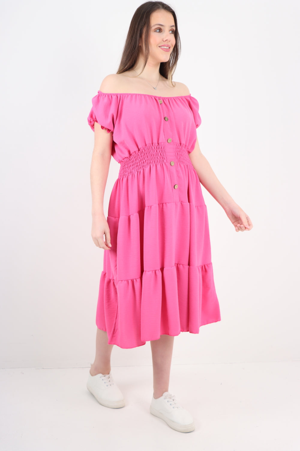 Italian Off The Shoulder Elasticated Waist Tiered Midi Dress