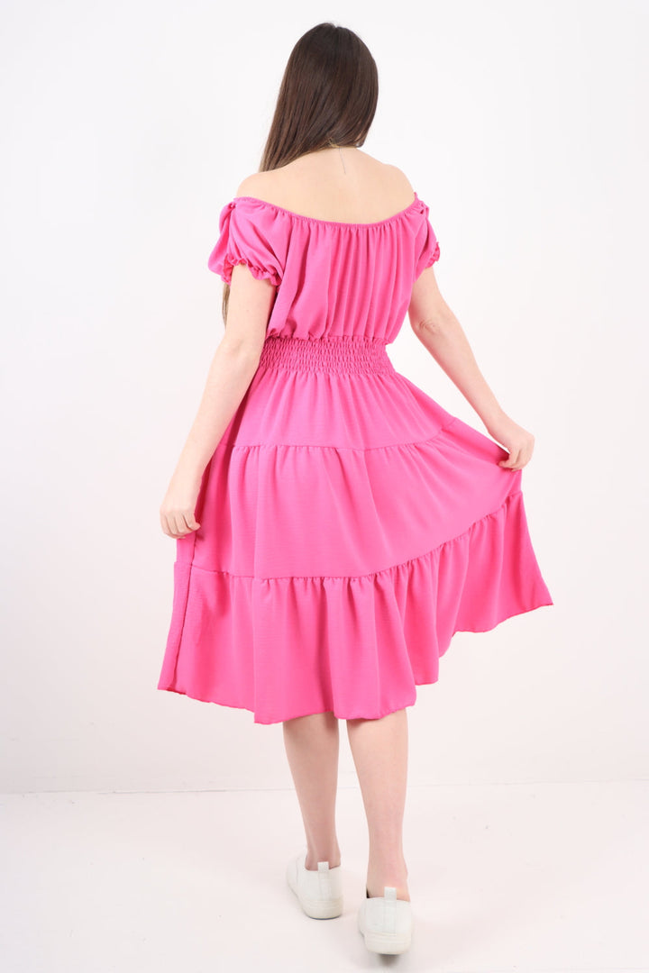 Italian Off The Shoulder Elasticated Waist Tiered Midi Dress