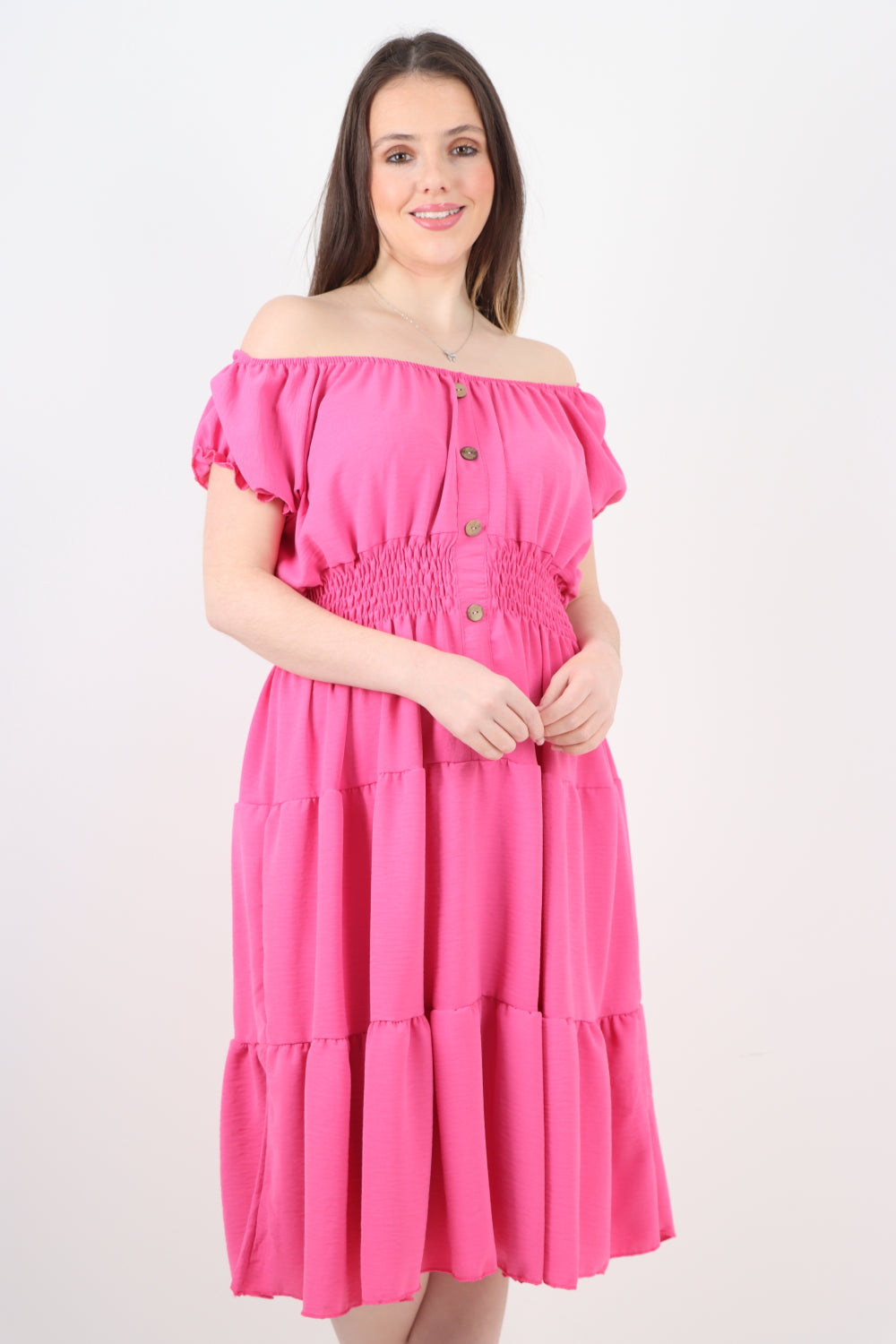 Italian Off The Shoulder Elasticated Waist Tiered Midi Dress