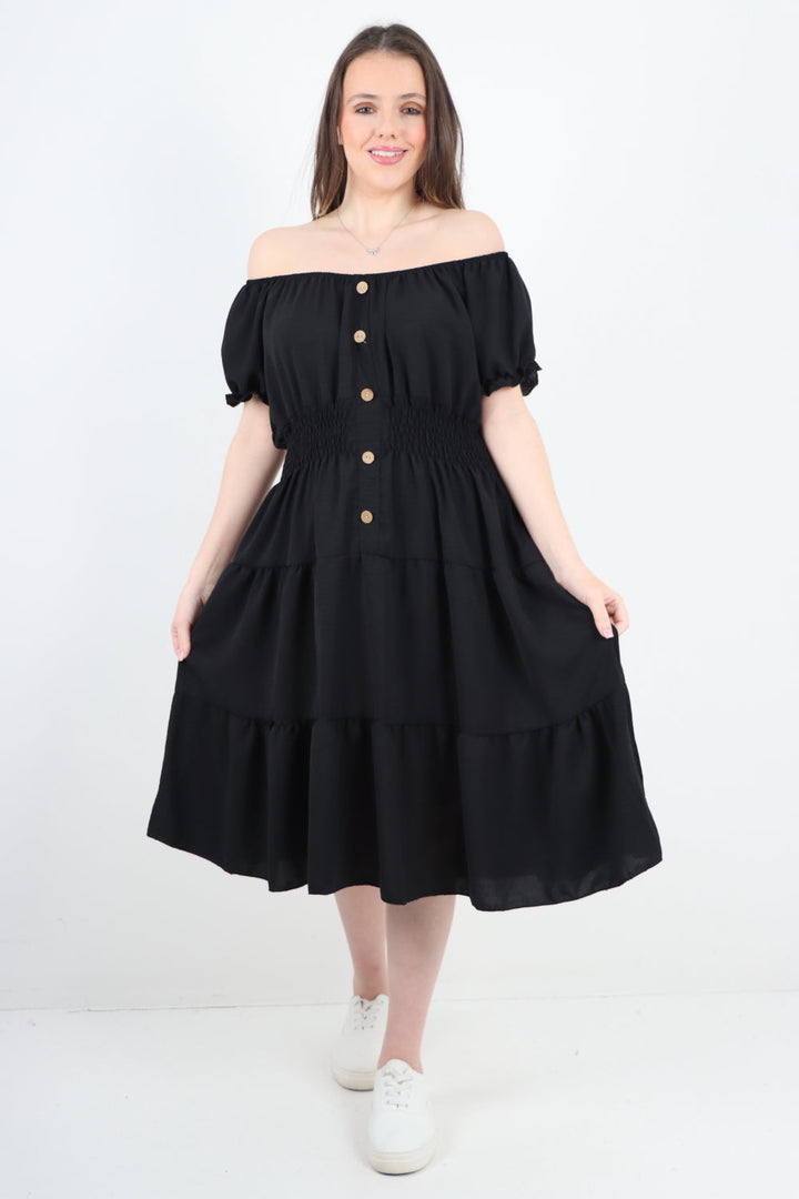 Italian Off The Shoulder Elasticated Waist Tiered Midi Dress