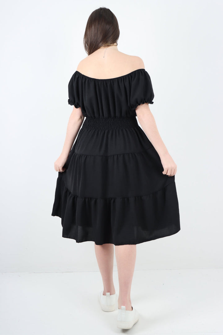 Italian Off The Shoulder Elasticated Waist Tiered Midi Dress