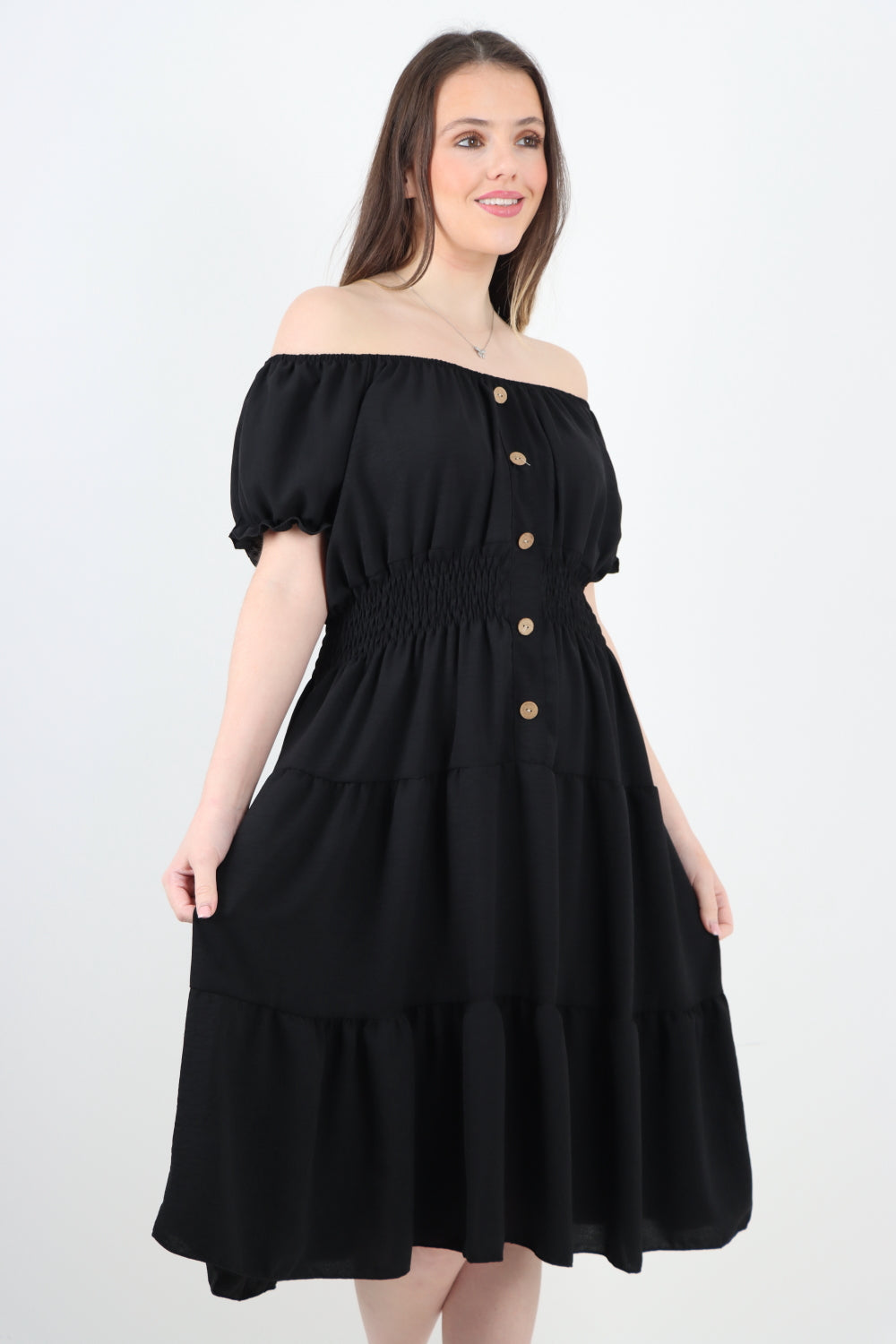 Italian Off The Shoulder Elasticated Waist Tiered Midi Dress