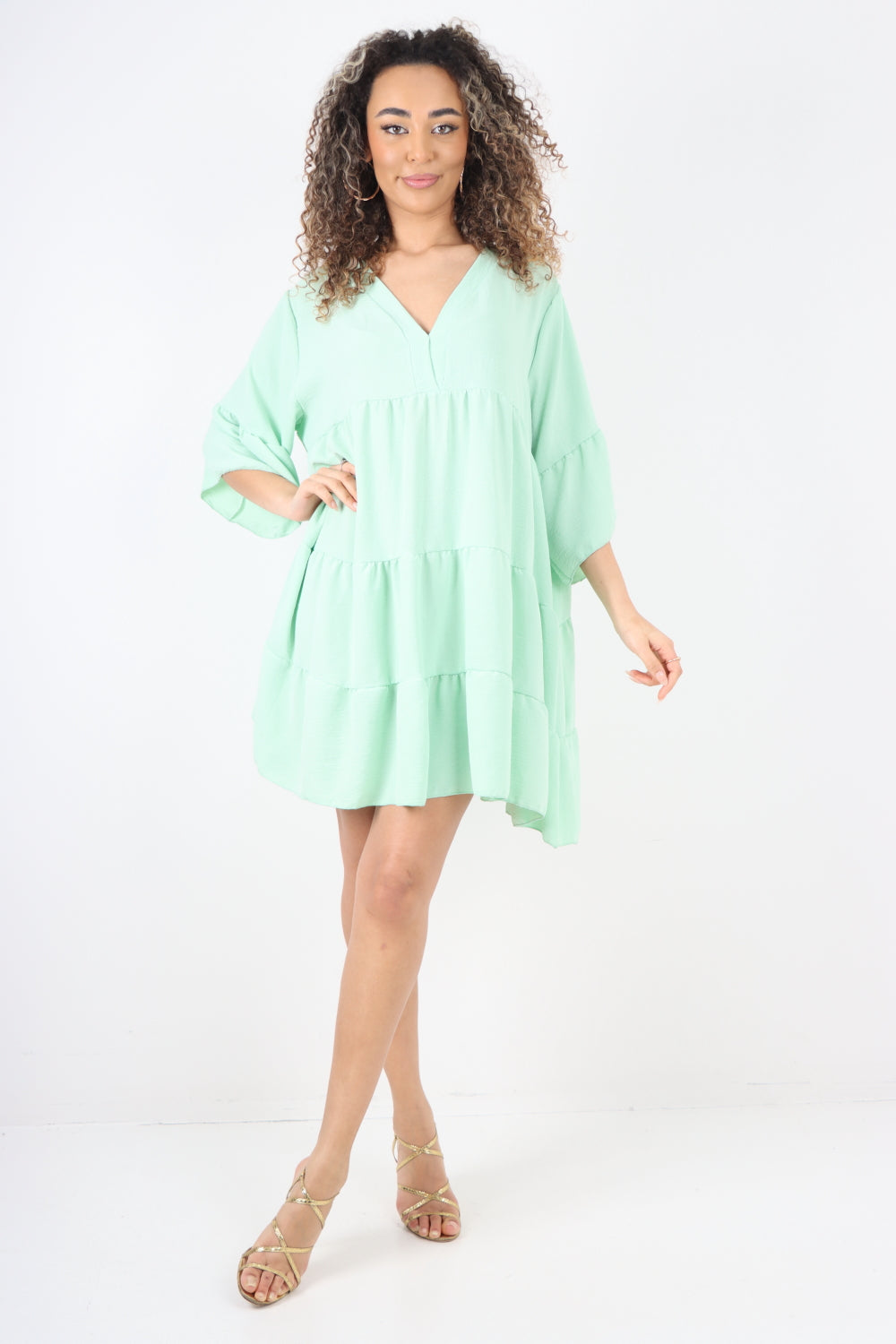 Italian Deep V - Neck Tiered Short Sleeve Smock Dress