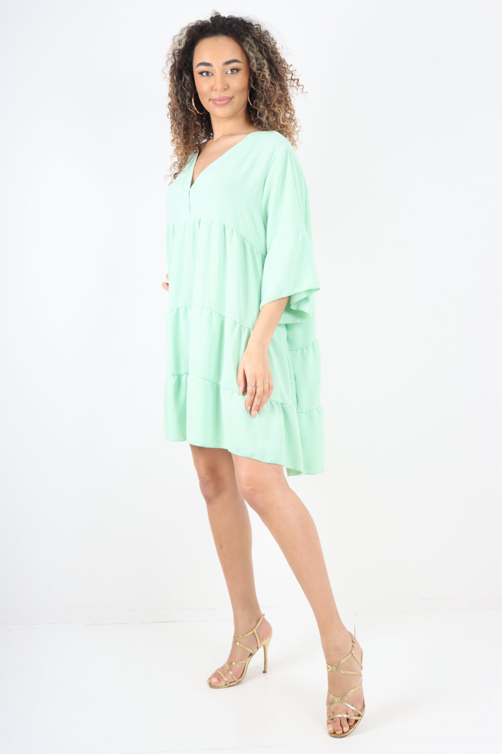 Italian Deep V - Neck Tiered Short Sleeve Smock Dress