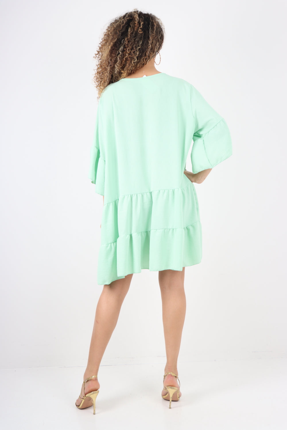 Italian Deep V - Neck Tiered Short Sleeve Smock Dress