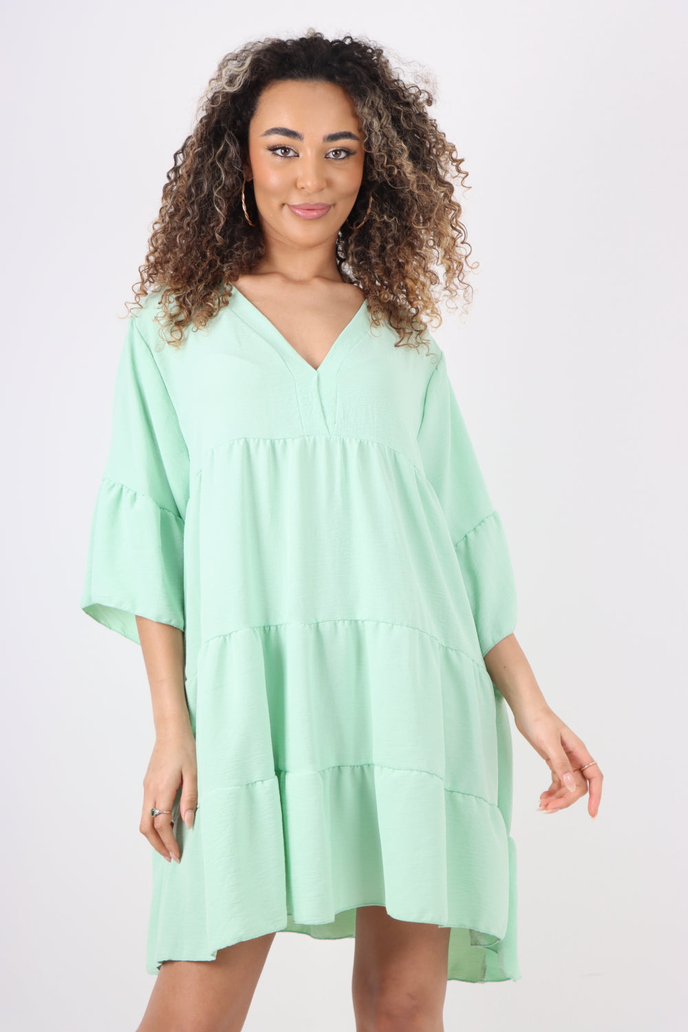 Italian Deep V - Neck Tiered Short Sleeve Smock Dress