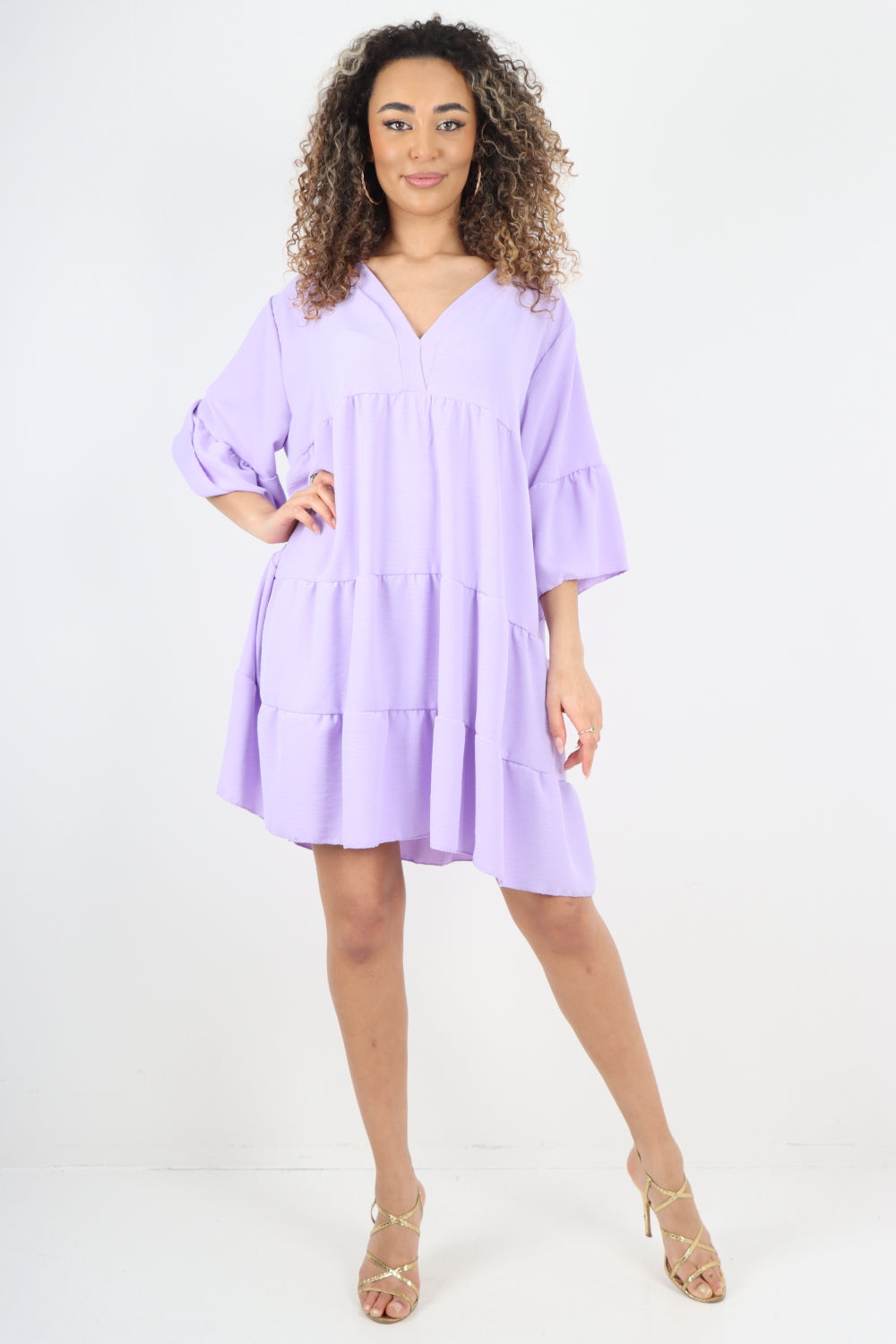 Italian Deep V - Neck Tiered Short Sleeve Smock Dress