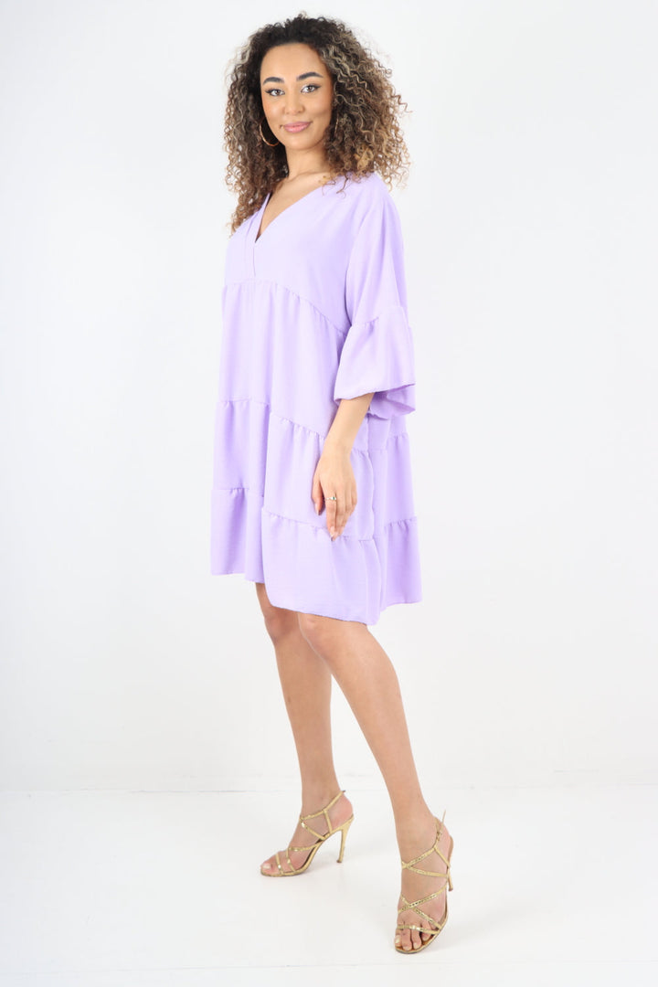 Italian Deep V - Neck Tiered Short Sleeve Smock Dress