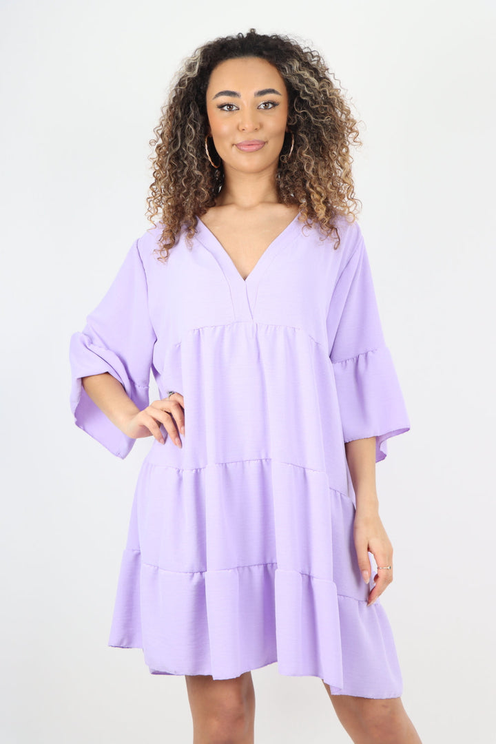 Italian Deep V - Neck Tiered Short Sleeve Smock Dress