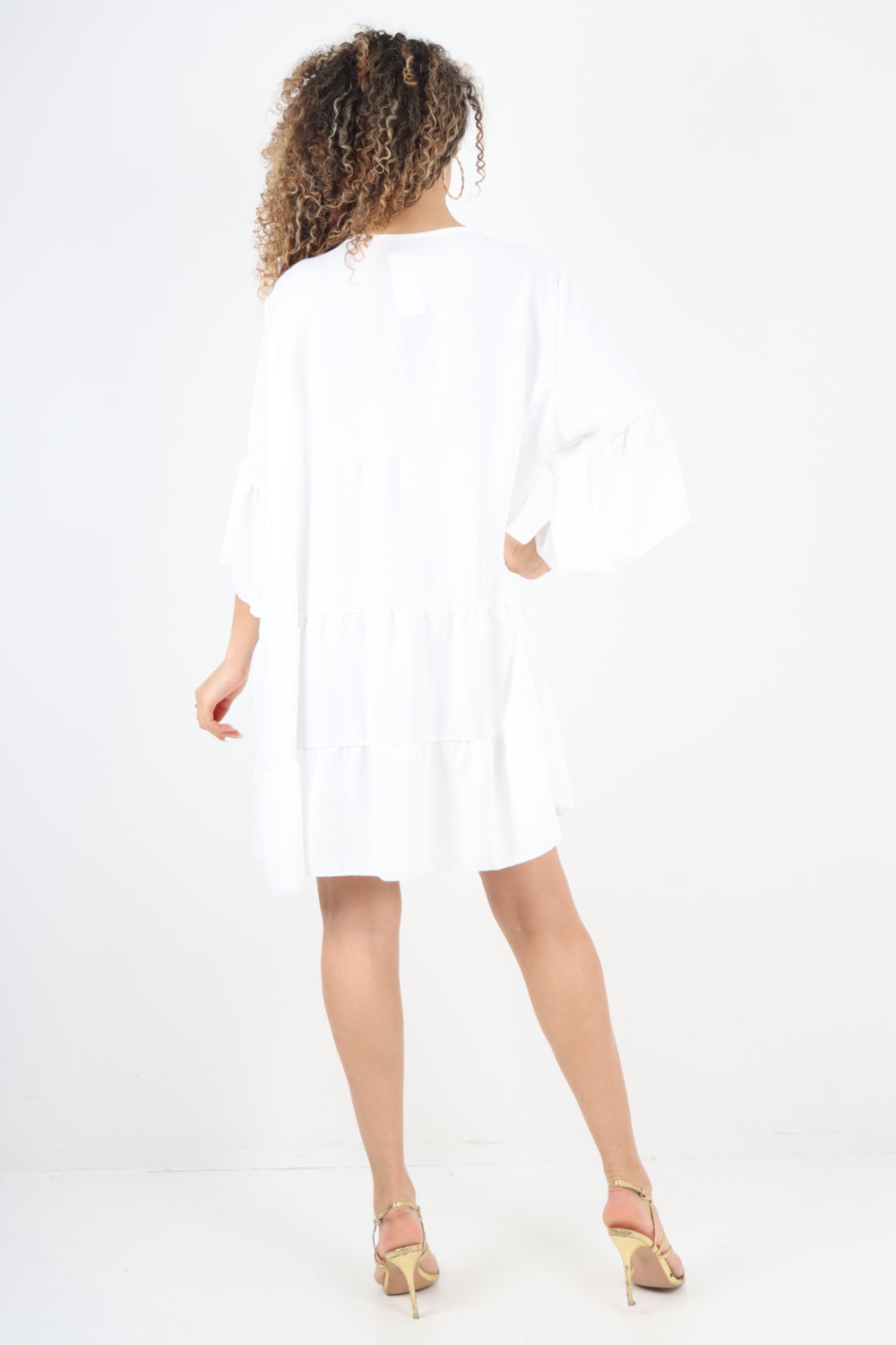 Italian Deep V - Neck Tiered Short Sleeve Smock Dress