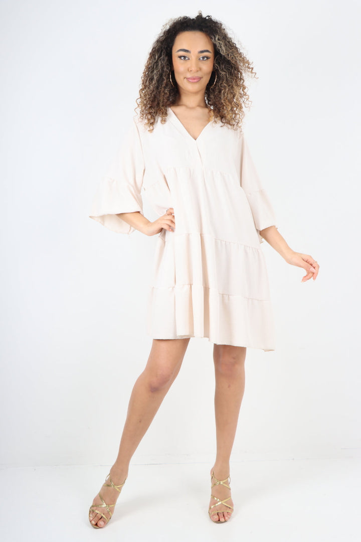 Italian Deep V - Neck Tiered Short Sleeve Smock Dress