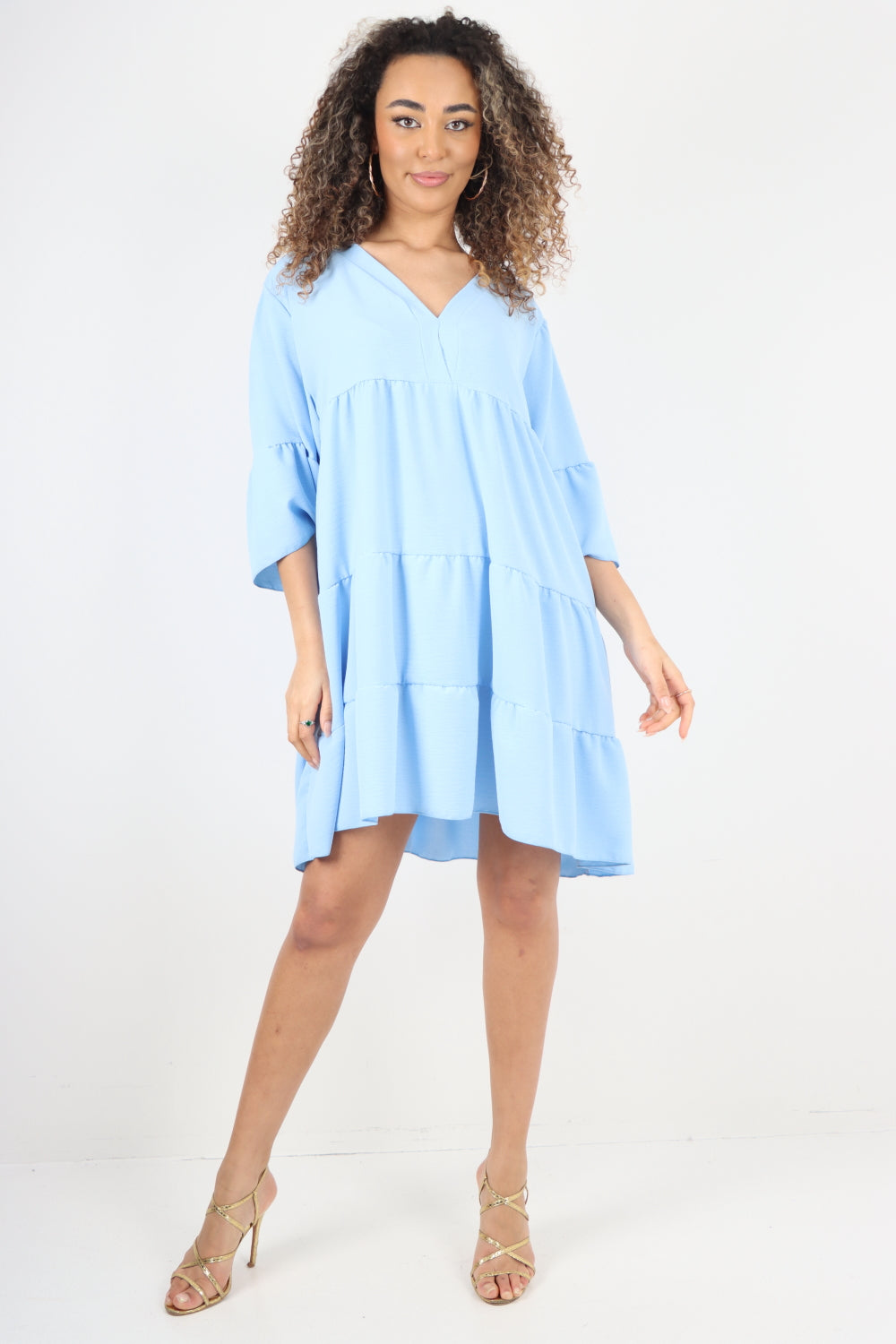 Italian Deep V - Neck Tiered Short Sleeve Smock Dress