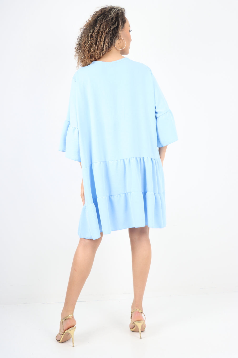 Italian Deep V - Neck Tiered Short Sleeve Smock Dress