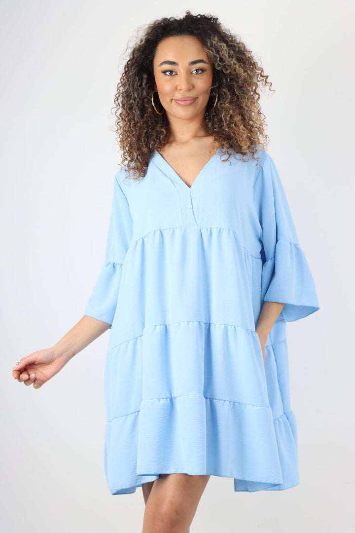 Italian Deep V - Neck Tiered Short Sleeve Smock Dress