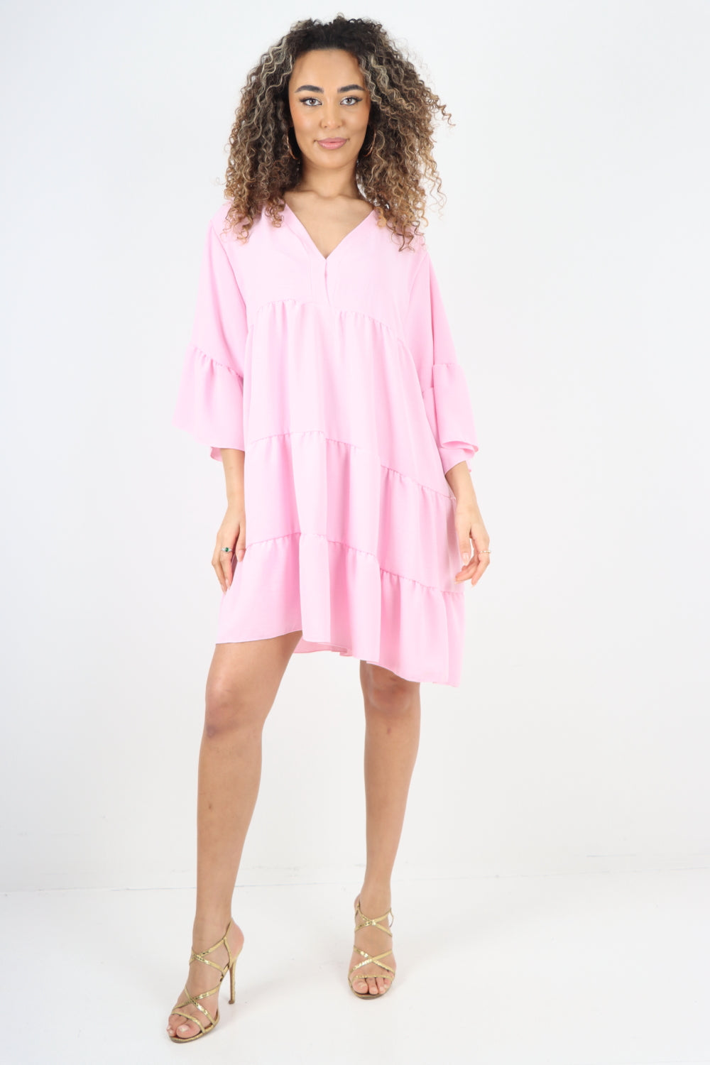 Italian Deep V - Neck Tiered Short Sleeve Smock Dress