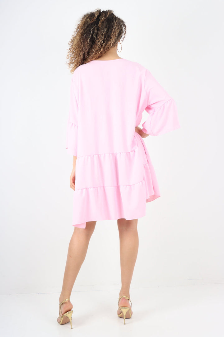 Italian Deep V - Neck Tiered Short Sleeve Smock Dress