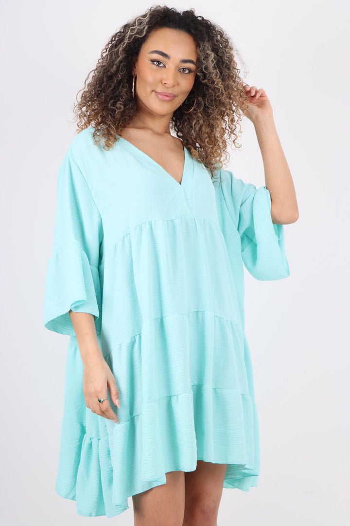 Italian Deep V - Neck Tiered Short Sleeve Smock Dress