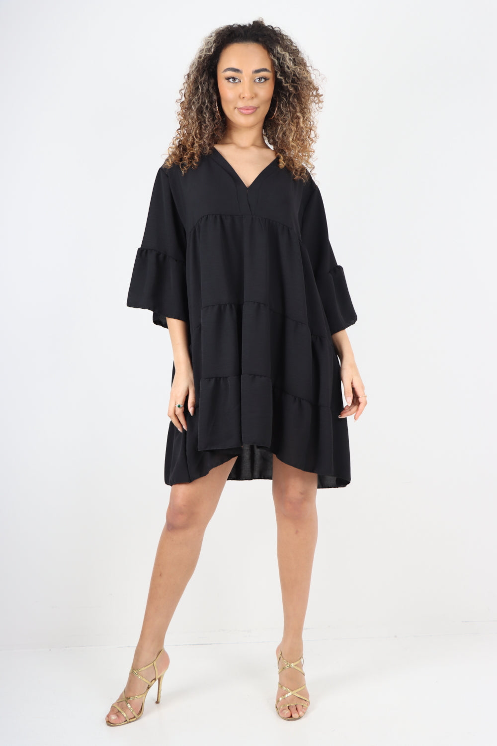 Italian Deep V - Neck Tiered Short Sleeve Smock Dress