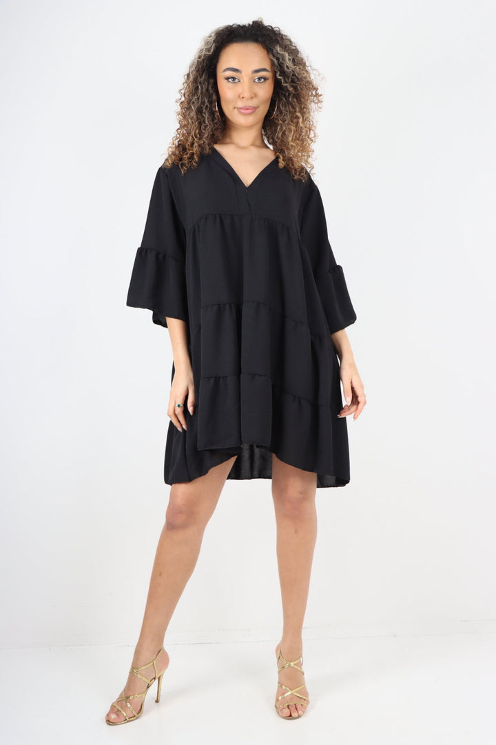 Italian Deep V - Neck Tiered Short Sleeve Smock Dress