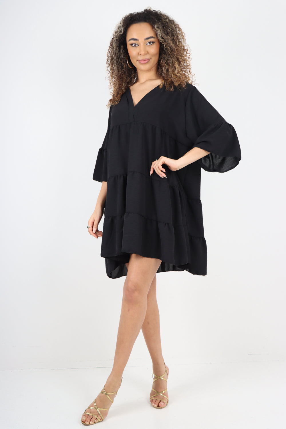 Italian Deep V - Neck Tiered Short Sleeve Smock Dress