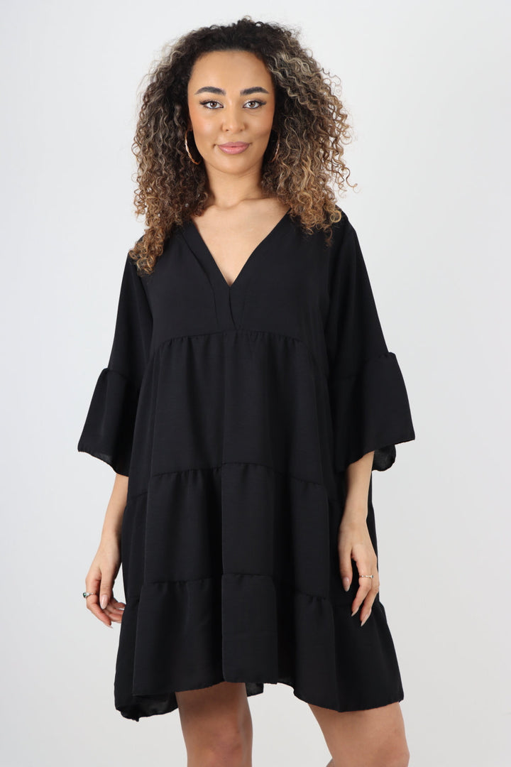 Italian Deep V - Neck Tiered Short Sleeve Smock Dress