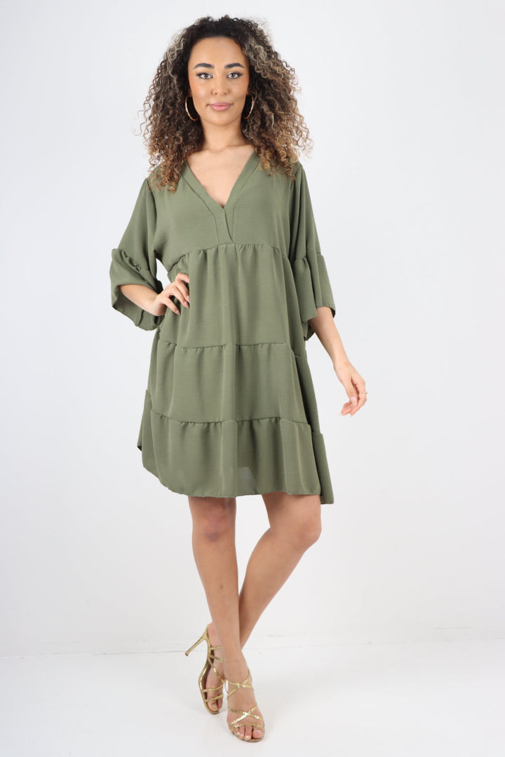 Italian Deep V - Neck Tiered Short Sleeve Smock Dress