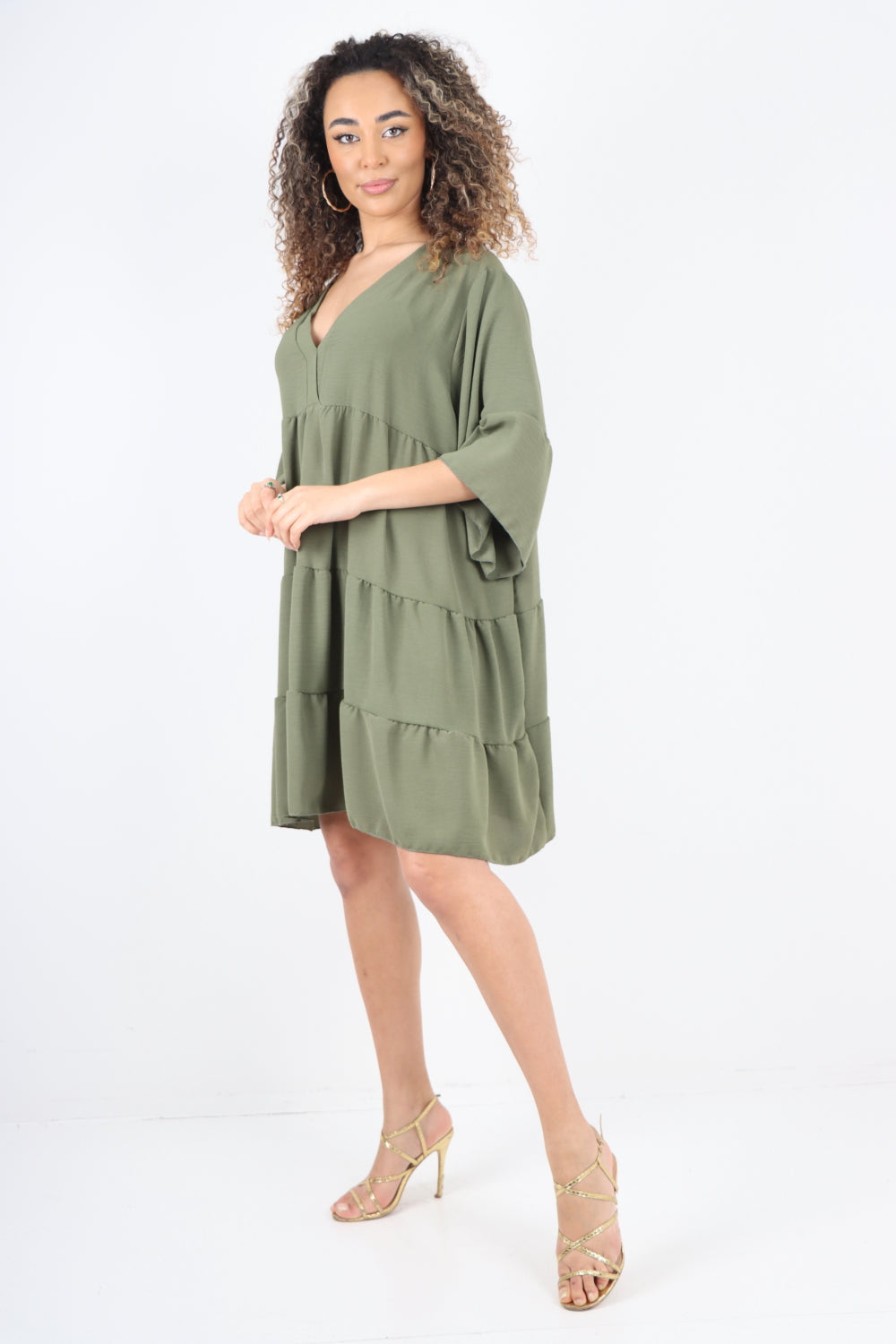 Italian Deep V - Neck Tiered Short Sleeve Smock Dress