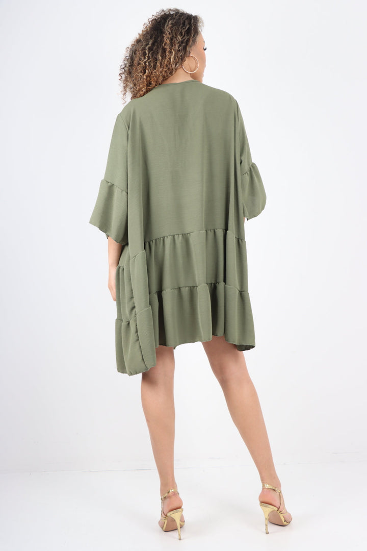 Italian Deep V - Neck Tiered Short Sleeve Smock Dress