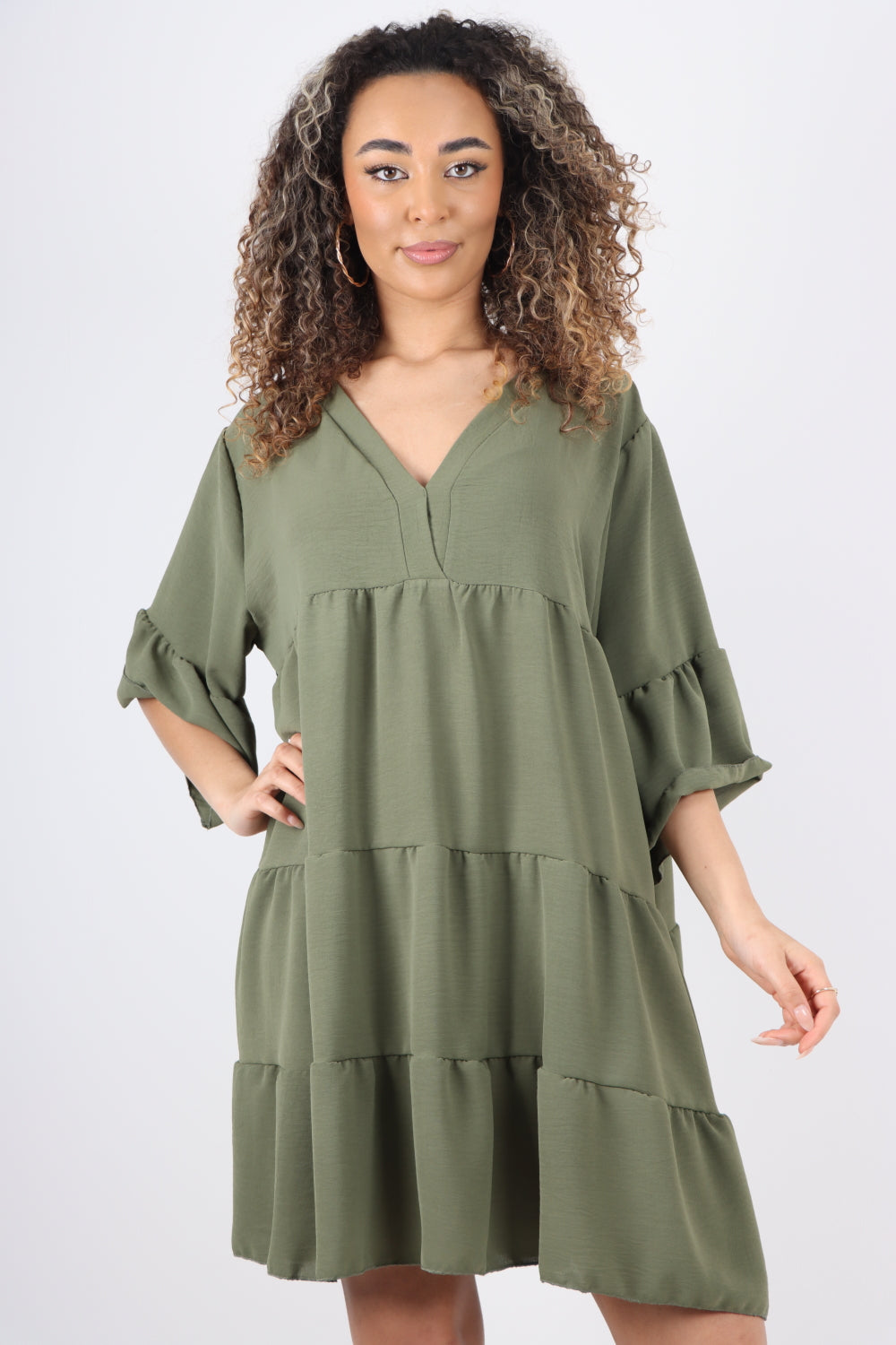 Italian Deep V - Neck Tiered Short Sleeve Smock Dress