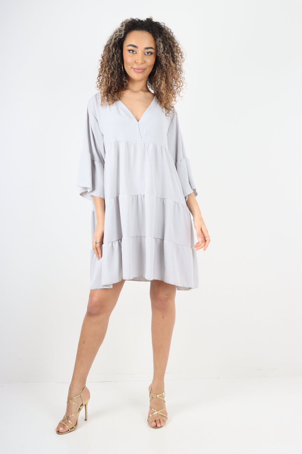 Italian Deep V - Neck Tiered Short Sleeve Smock Dress