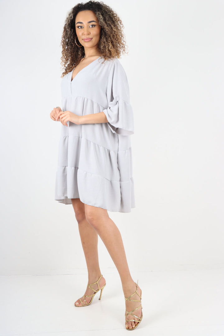 Italian Deep V - Neck Tiered Short Sleeve Smock Dress