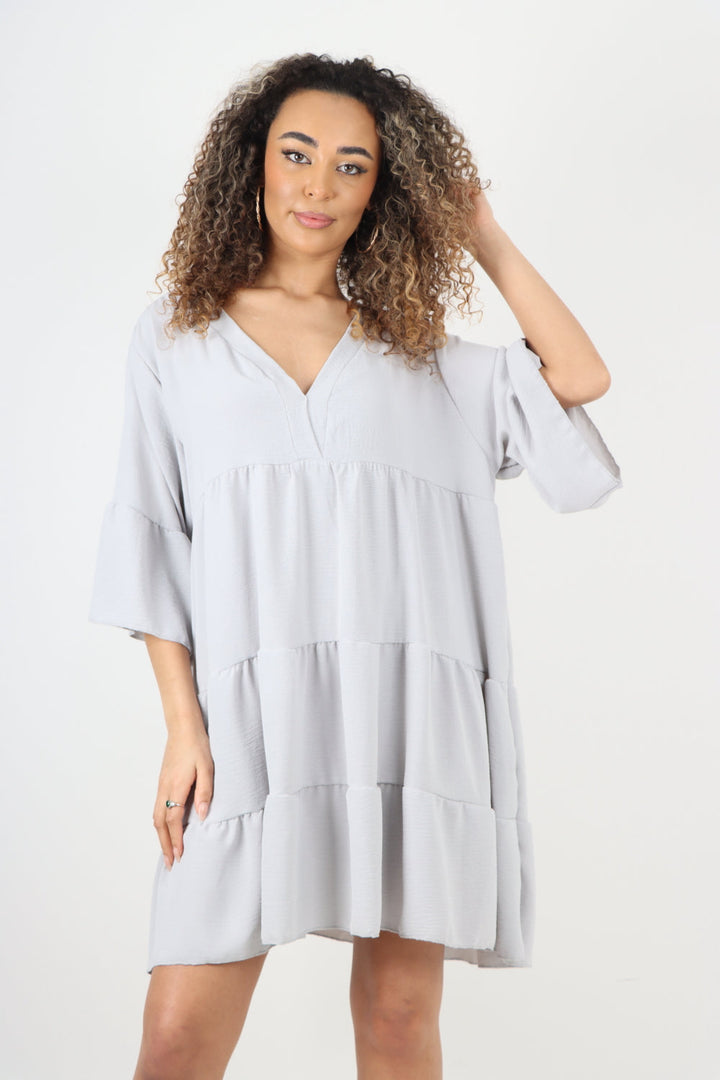 Italian Deep V - Neck Tiered Short Sleeve Smock Dress