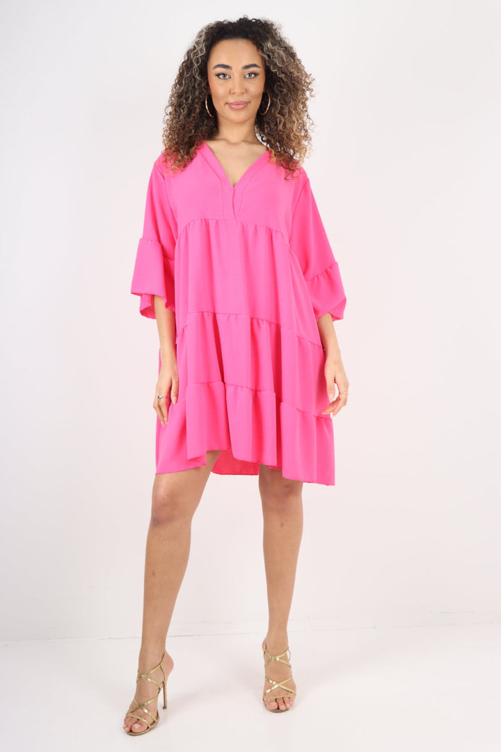 Italian Deep V - Neck Tiered Short Sleeve Smock Dress