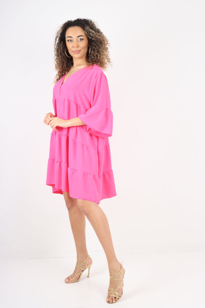 Italian Deep V - Neck Tiered Short Sleeve Smock Dress