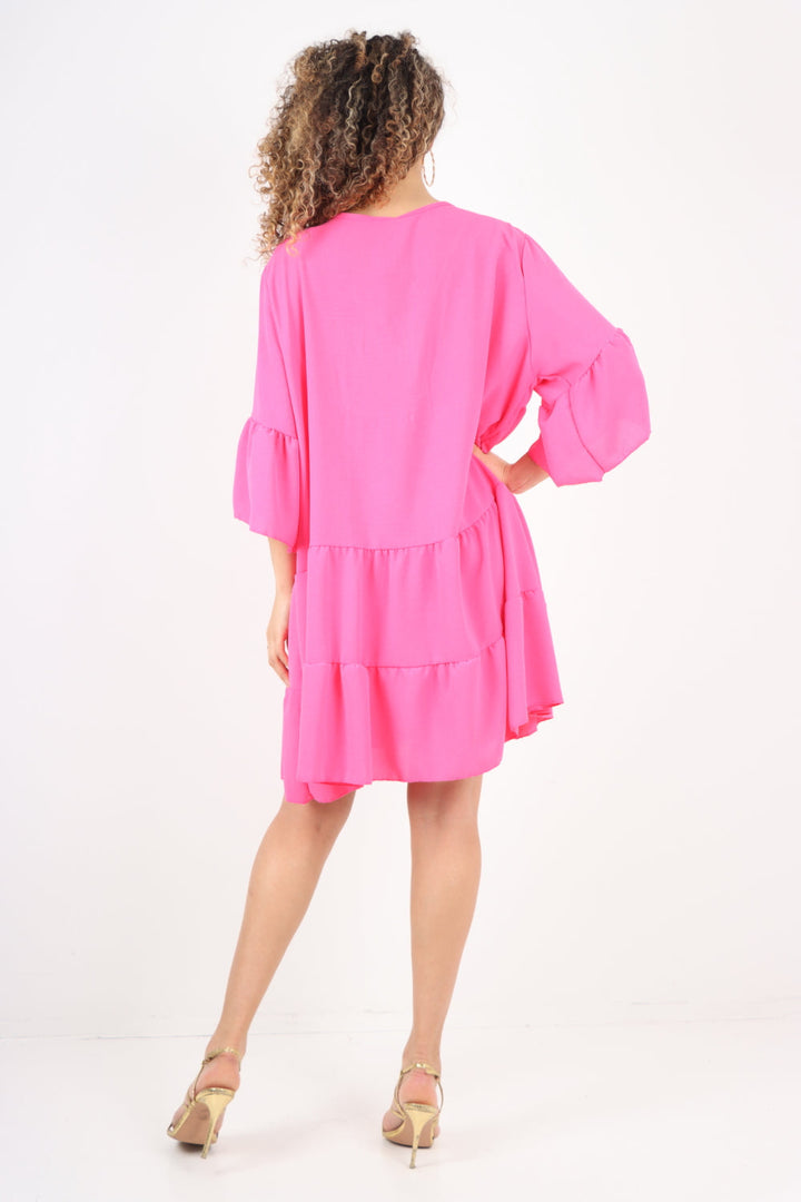 Italian Deep V - Neck Tiered Short Sleeve Smock Dress