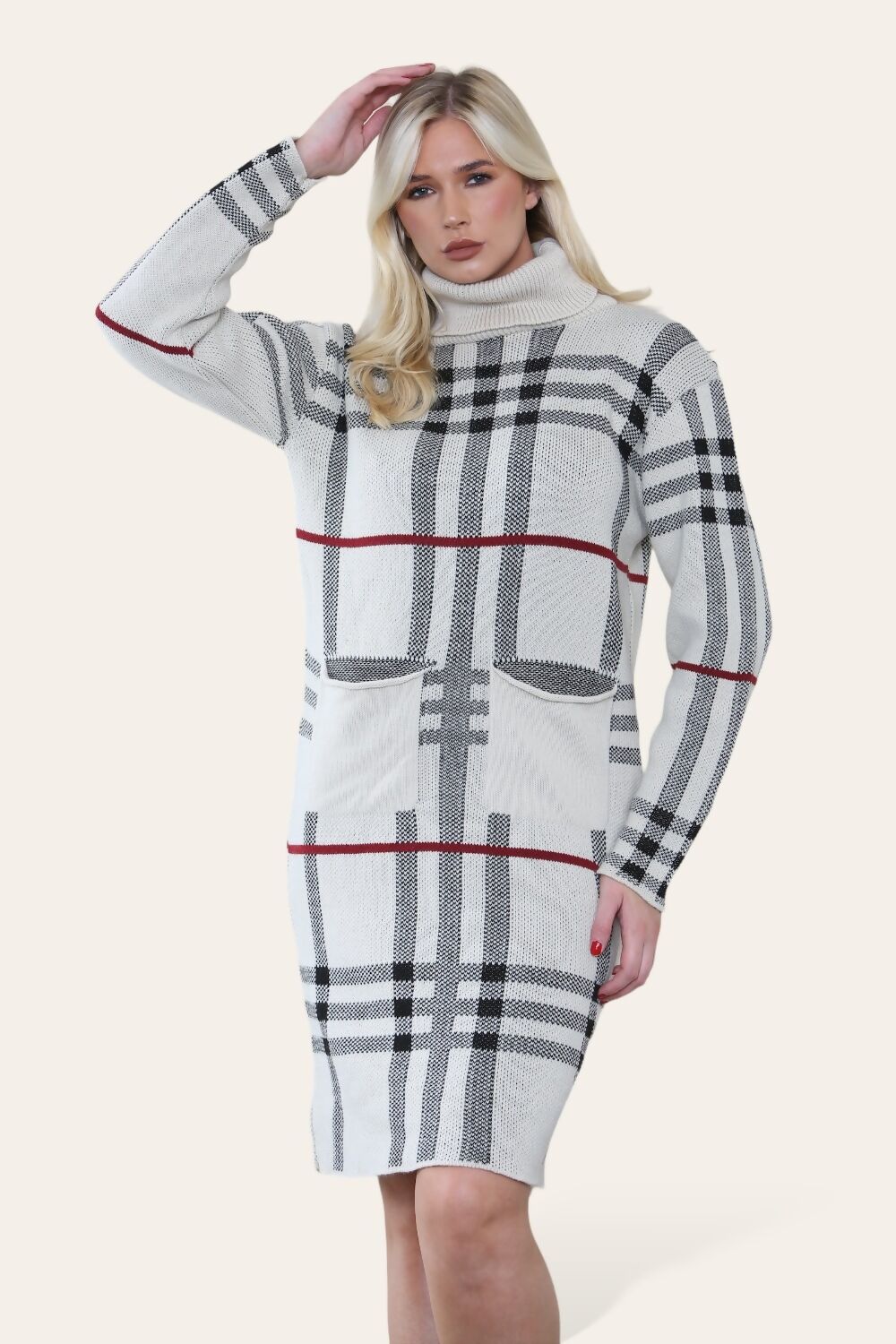 Polo Neck Contrast Striped Knitted Front Pocket Dress