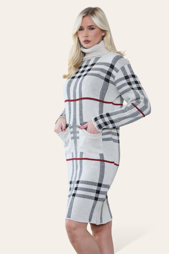 Polo Neck Contrast Striped Knitted Front Pocket Dress