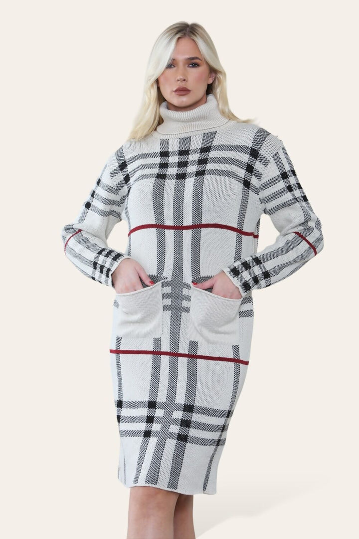 Polo Neck Contrast Striped Knitted Front Pocket Dress