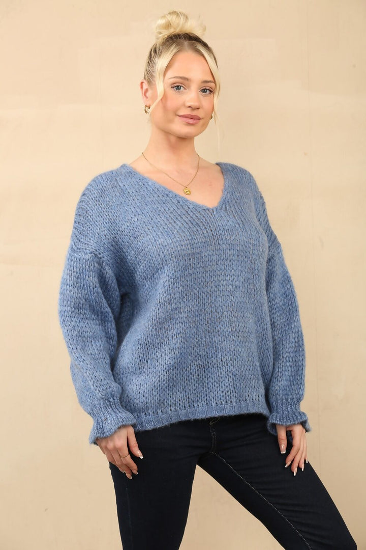 Long Cuffed Sleeve V-Neck Jumper